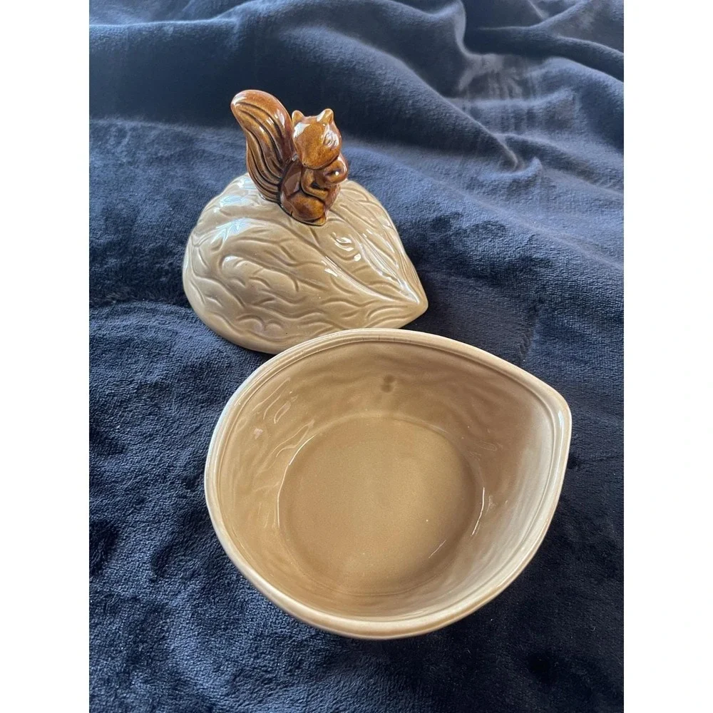 Vintage Ceramic Squirrel on Walnut Lidded Nut Candy Dish Mid Century Modern MCM